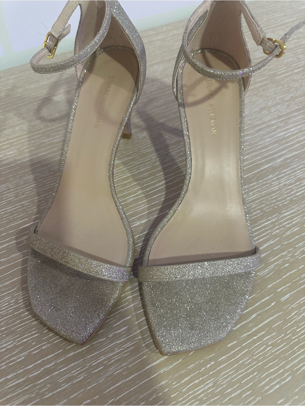Stuart Weitzman Gold Glitter Ankle-Strap Heels Size 37